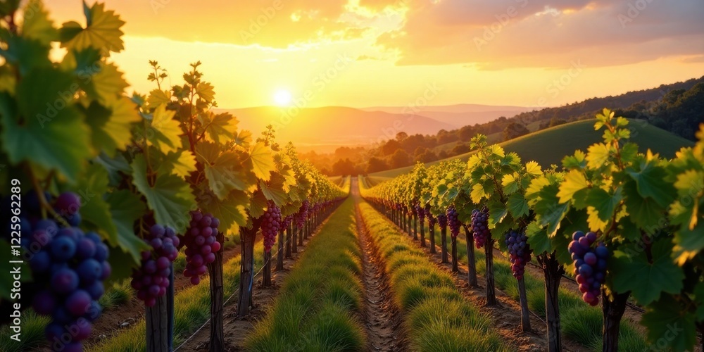 Fototapeta premium Golden Hour Vineyard Rows A picturesque sunset illuminates rows of grapevines heavy with ripening fruit, creating a breathtaking scene of agricultural beauty and tranquility.