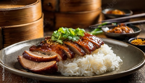 Peking duck served on a plate with garnishes, taken from an angle view, professional food photography showcasing this traditional dish. photo