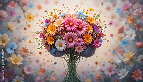 Vibrant Colorful Flower Bouquet Brain 3D Render: Pastel Daisies Gerbera Abstract Floral Art