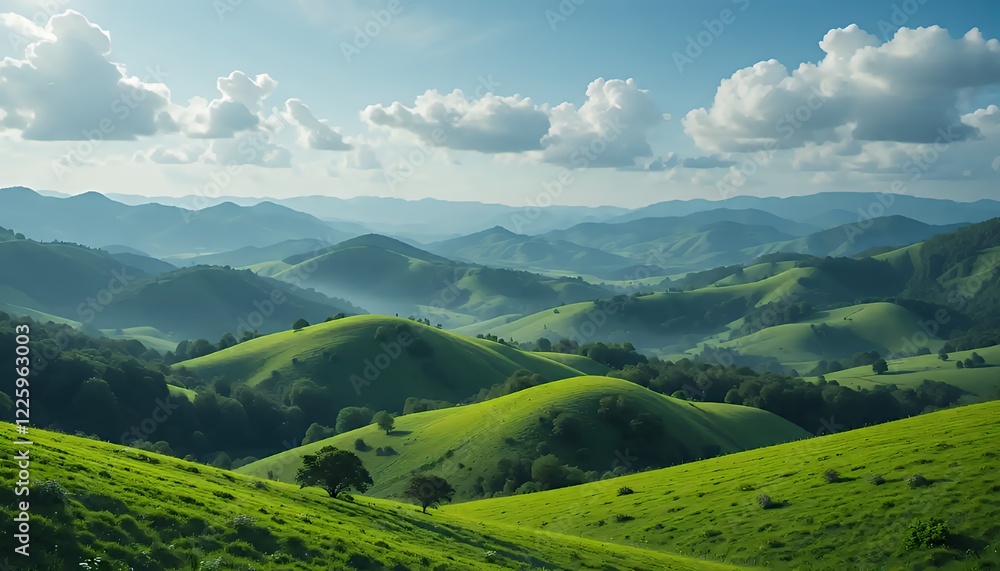 Fototapeta premium Vibrant Green Rolling Hills Landscape Under a Sunny Sky