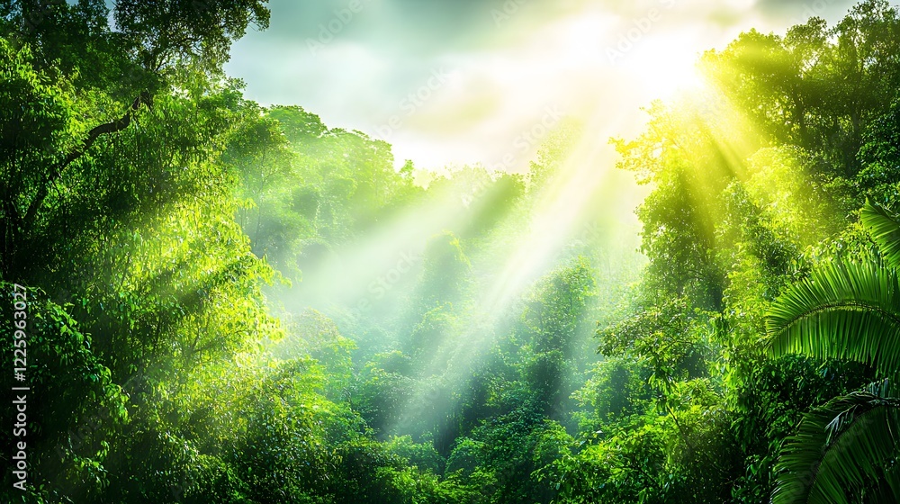 Obraz premium Lush Rainforest Sunlight Beams Through Canopy