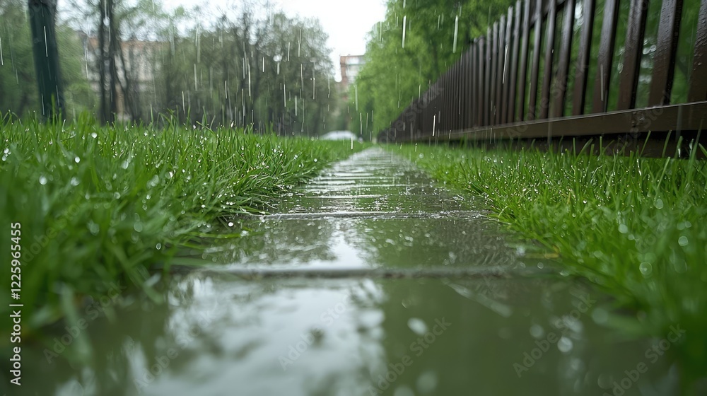 Obraz premium Rainy day, city street, grass, sidewalk, rain drops, background blur, for weather reports