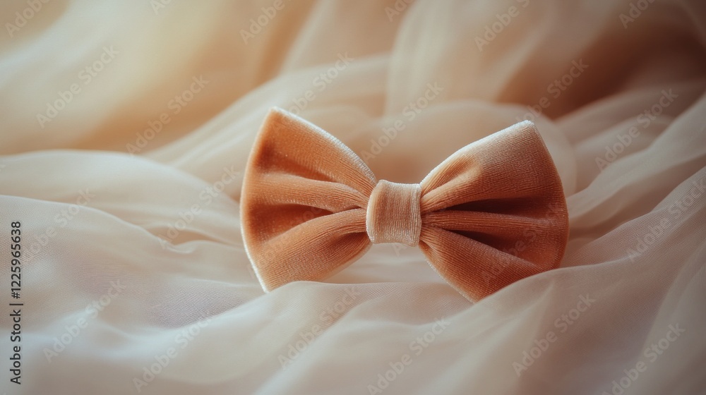 Elegant velvet bow tie on a soft flowing fabric in warm tones, great for fashion or design. Elegant velvet bow tie on a soft flowing fabric in warm tones, great for fashion or design.