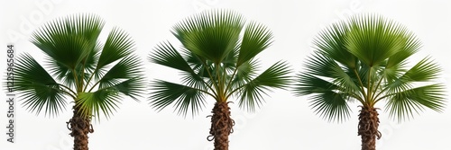 Three palm trees stand against plain white background. Green fronds display radiating leaf patterns. Tropical nature theme. Ideal for botanical beauty. Isolated design for various uses. Natural