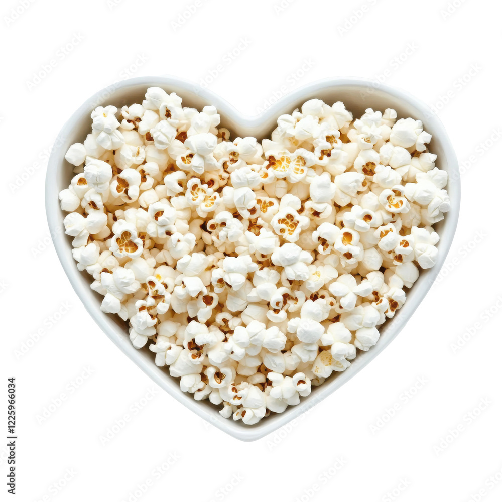 Fresh popcorn in white heart shaped bowl isolated on transparent background Fresh popcorn in white heart shaped bowl isolated on transparent background