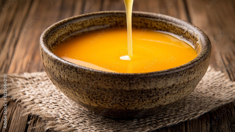 Golden clarified butter ghee pouring slowly into a small ceramic bowl on a rustic wooden table highlighting nutritional benefits for healthy paleo eating minimalistic bright modern composition
Golden clarified butter ghee pouring slowly into a small ceramic bowl on a rustic wooden table highlighting nutritional benefits for healthy paleo eating minimalistic bright modern composition