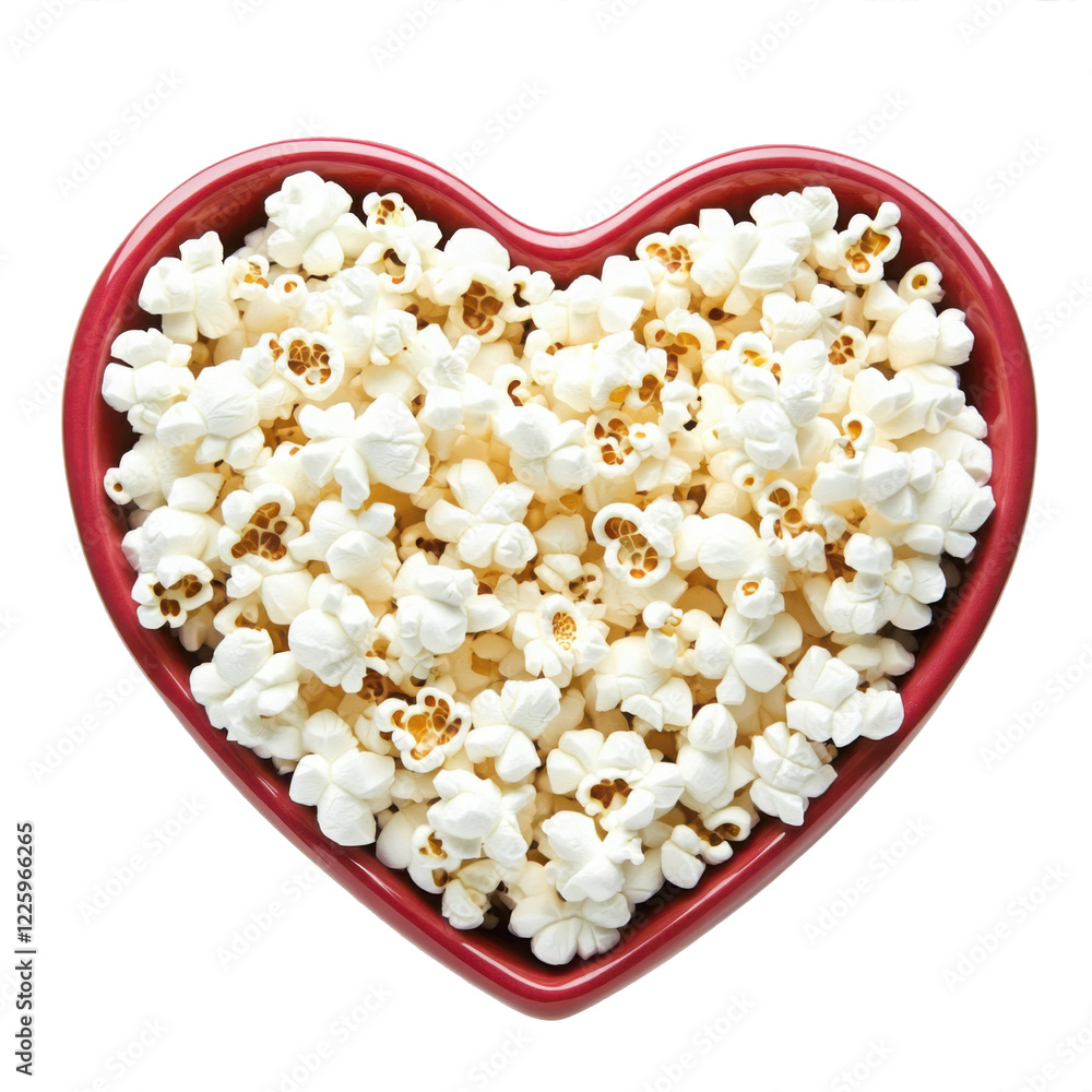 Fresh popcorn in red heart shaped bowl isolated on transparent background Fresh popcorn in red heart shaped bowl isolated on transparent background