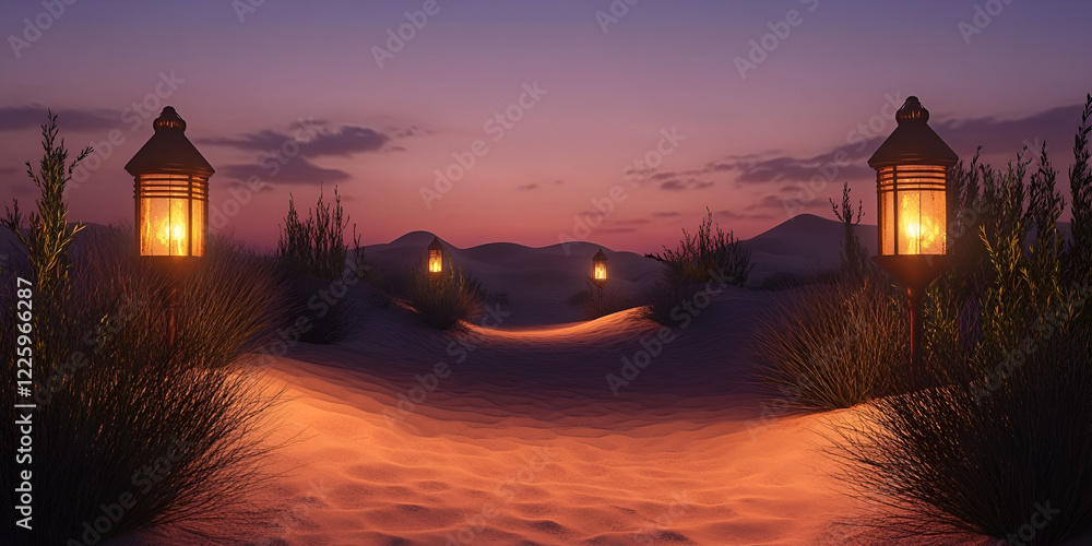 Fototapeta premium Lantern-Lit Pathway Through a Serene Desert Landscape