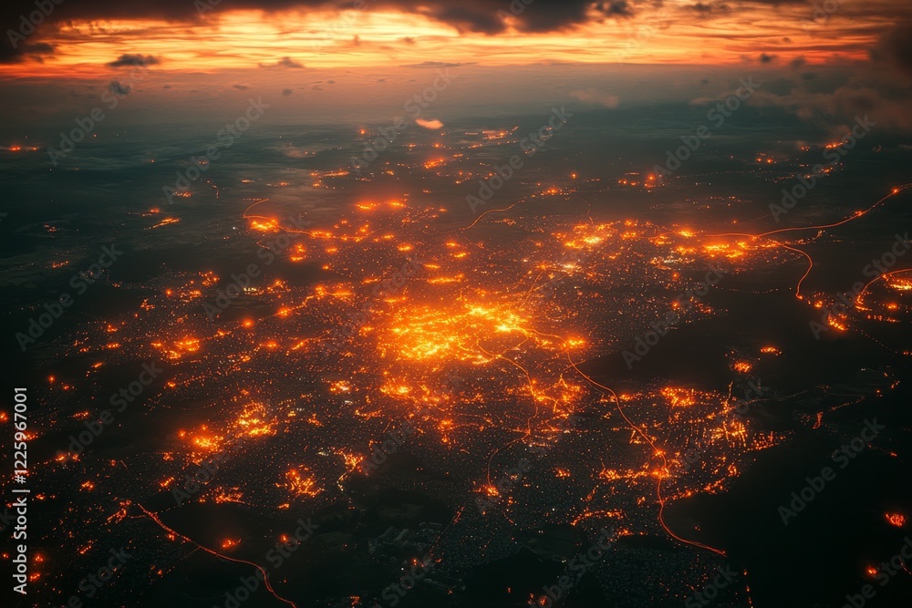 Fototapeta premium Fires illuminate the landscape at twilight over a sprawling city in the distance