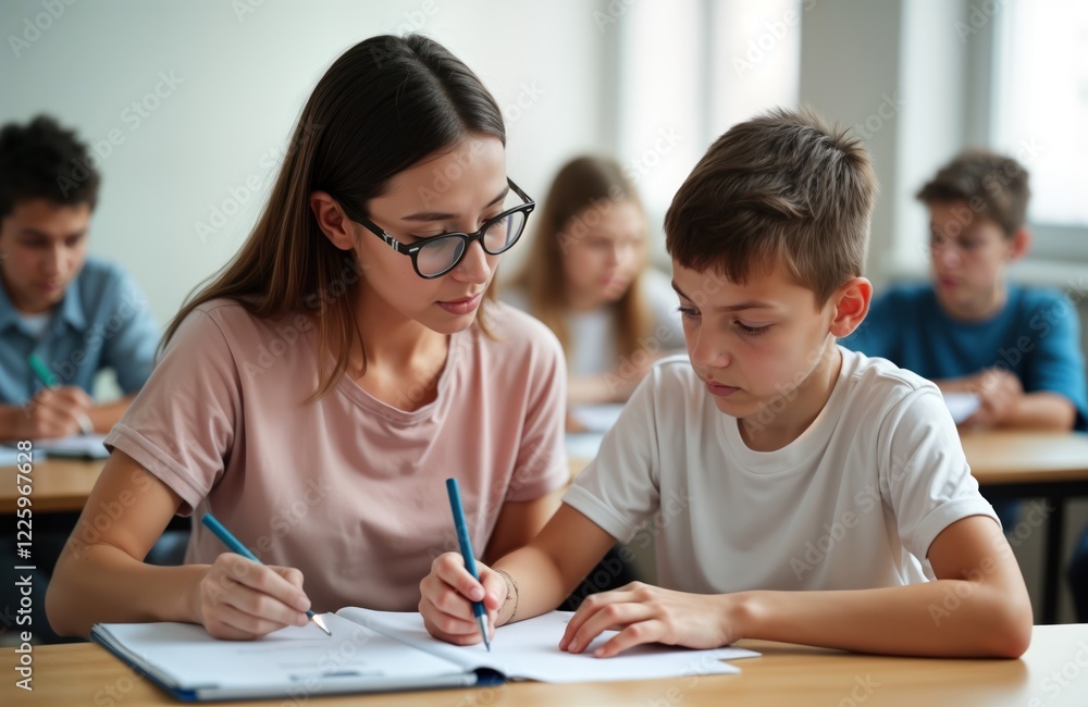 Female teacher helps high school student in classroom. Sit together at desk. Focusing on learning, concentrating. Indoor setting. Education theme. School environment. Studying. Tutoring. Student, Female teacher helps high school student in classroom. Sit together at desk. Focusing on learning, concentrating. Indoor setting. Education theme. School environment. Studying. Tutoring. Student,