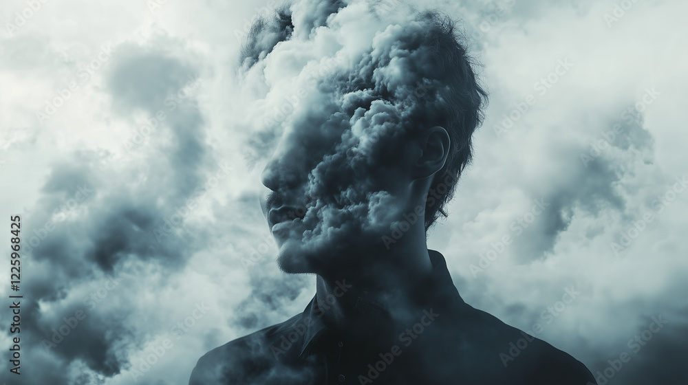 Surreal portrait of a man’s face blending with clouds for dreamlike and conceptual art Surreal portrait of a man’s face blending with clouds for dreamlike and conceptual art