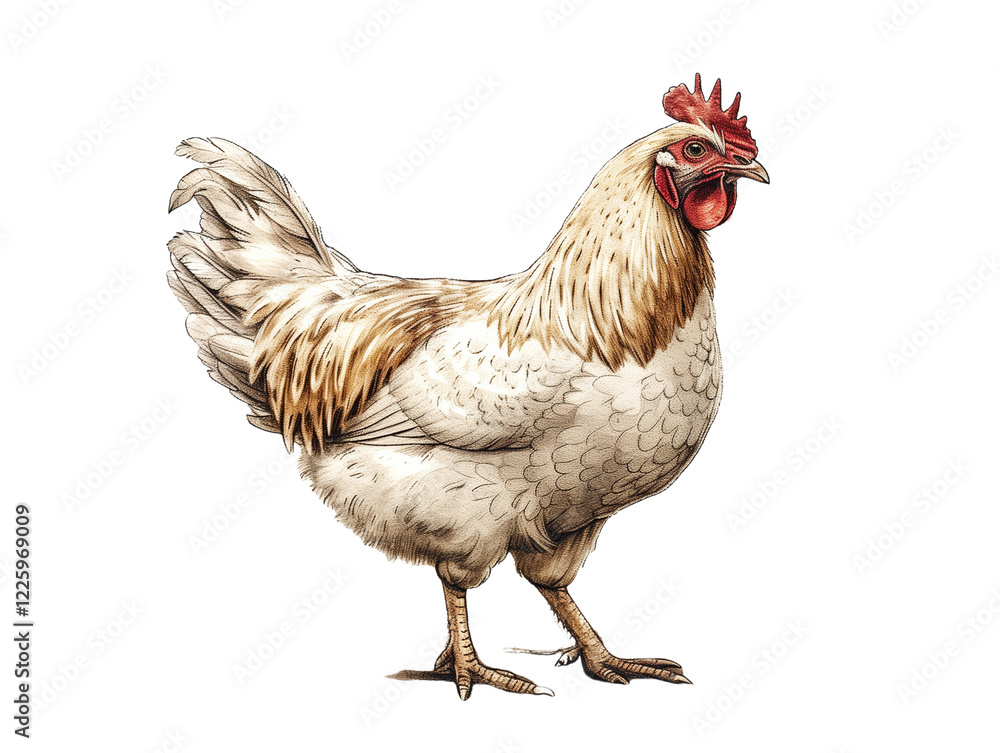 Fototapeta premium Detailed Illustration of a Realistic Chicken With Distinctive Plumage and Prominent Features in a Natural Setting - Vintage Illustration, Isolated on White Transparent Background, PNG