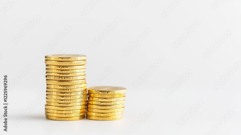 Gold coins stacked, finance, wealth, growth, white background, financial success, investment Gold coins stacked, finance, wealth, growth, white background, financial success, investment