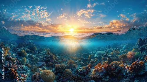 Underwater Paradise: A Vibrant Coral Reef at Sunset