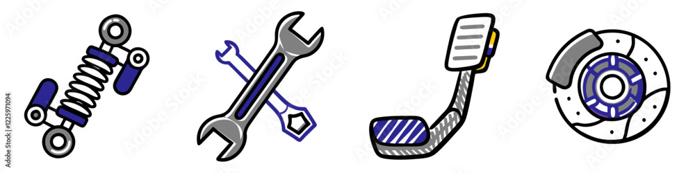 Brake pads, suspension system, clutch pedal, cossed wrench and screwdriver icon set for auto repair services. Concept of car repair, braking system maintenance, and vehicle parts replacement Brake pads, suspension system, clutch pedal, cossed wrench and screwdriver icon set for auto repair services. Concept of car repair, braking system maintenance, and vehicle parts replacement