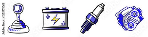 Car engine, gear shift, battery and spark plug icon set for automotive diagnostics and repair. Concept of engine diagnostics, car repair, and mechanical system maintenance