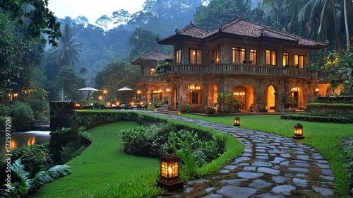 Luxurious villa, jungle setting, evening ambiance, path to resort photo