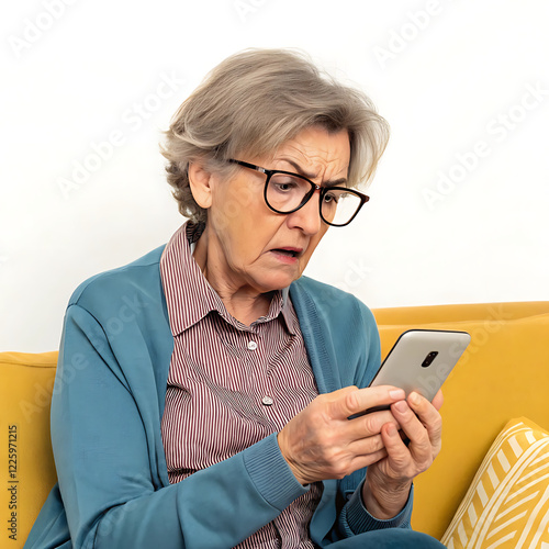 Confused senior woman in eyeglasses squinting eyes, try to read message on cellphone, having problems with vision, sitting on couch at home