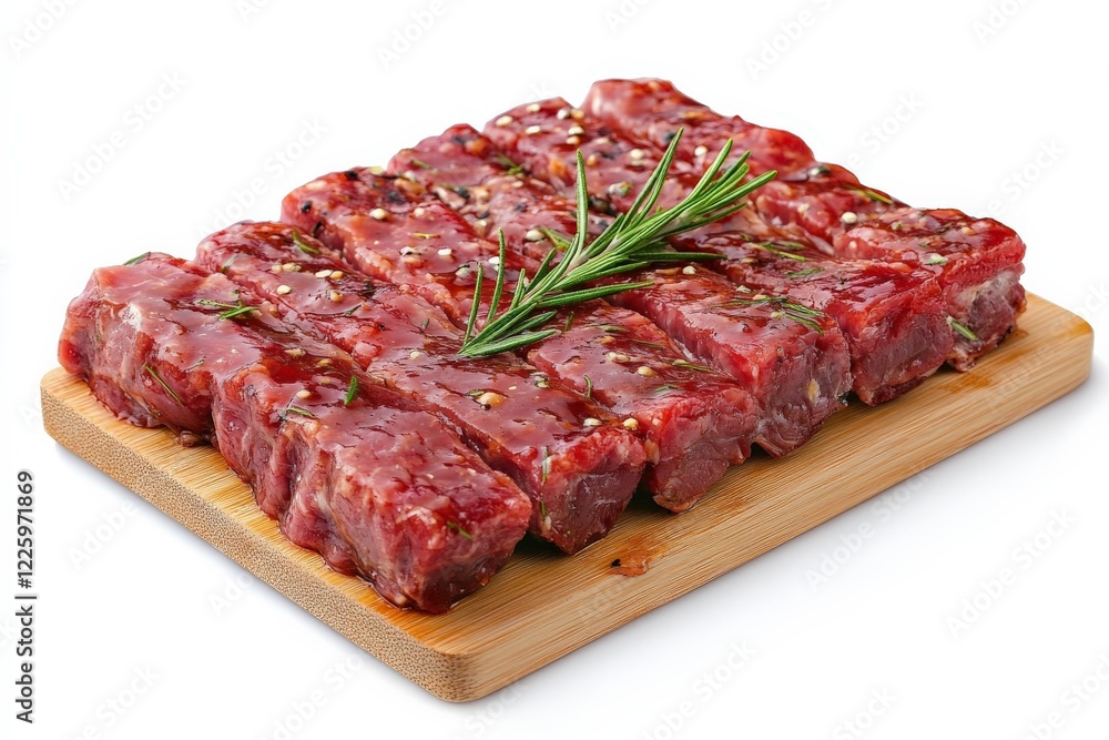Freshly prepared marinated beef steaks ready for grilling on a wooden cutting board with herbs Freshly prepared marinated beef steaks ready for grilling on a wooden cutting board with herbs