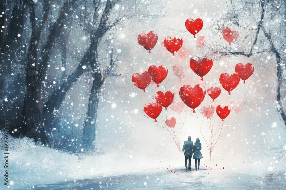 Couple with heart balloons in snowy winter scene. Couple with heart balloons in snowy winter scene.