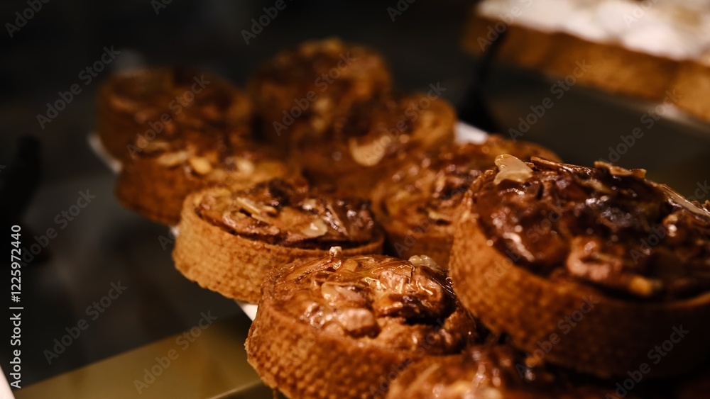 Beautiful nut tart covered glaze in shortcrust pastry shell on white plate displayed on counter fresh delicious dessert perfect for holidays parties and celebrations indulgent sweet treat with nuts Beautiful nut tart covered glaze in shortcrust pastry shell on white plate displayed on counter fresh delicious dessert perfect for holidays parties and celebrations indulgent sweet treat with nuts