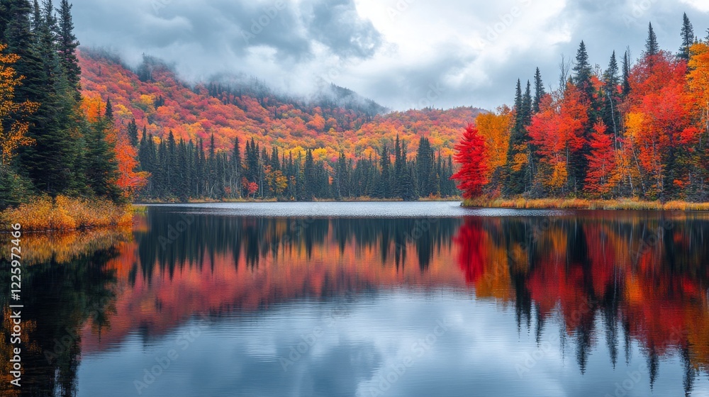 Obraz premium Autumnal lake reflecting vibrant fall foliage hillside