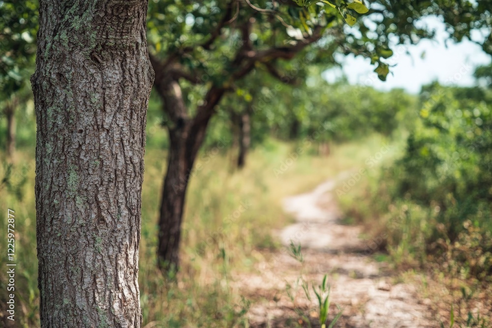 Beautiful pathway through a green forest with trees in summer sunlight and soft focus on the ground