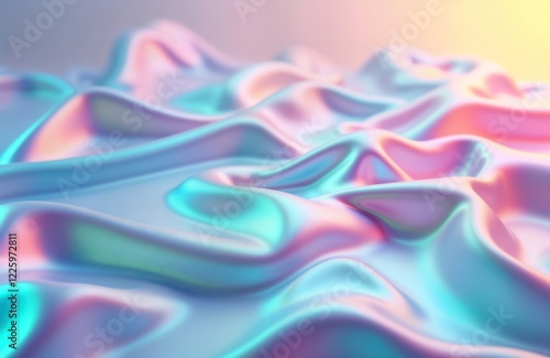 Abstract backdrop shows flowing pastel colors. Hologram gradient neon colors create holographic effect. Rainbow graphic. Smooth silk fabric texture. Retro style. 80s, 90s trends. Trendy colors. photo