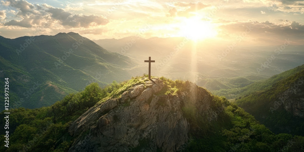 The serene beauty of a cross atop a mountain on a sunny day. The serene beauty of a cross atop a mountain on a sunny day.