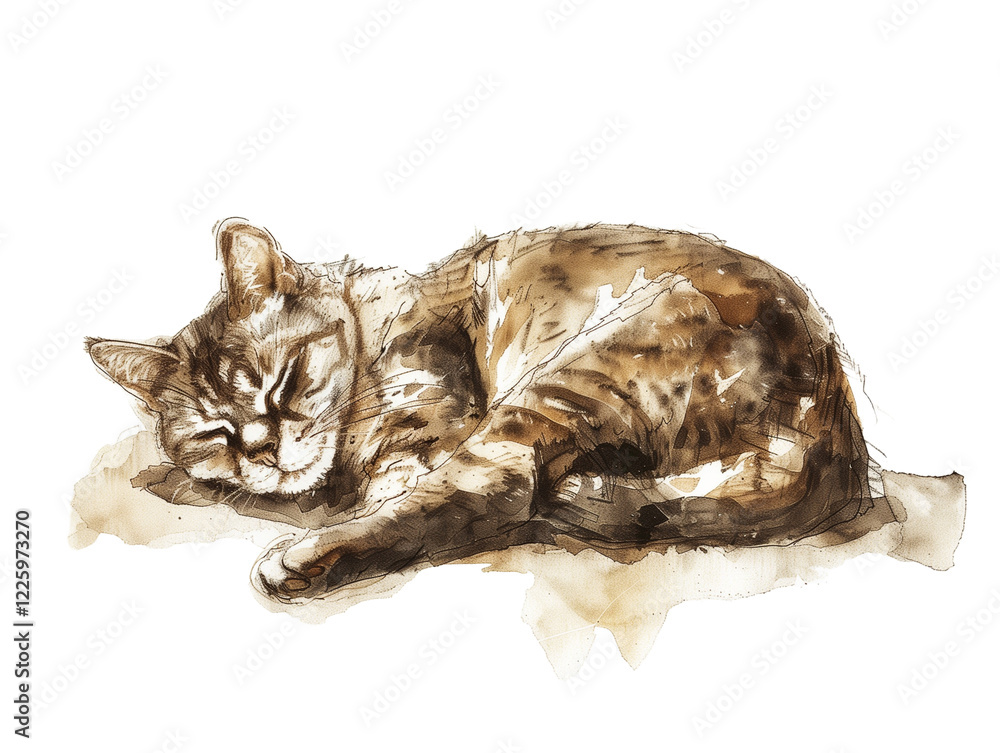 Naklejka premium Sleepy Cat Curled up in Peaceful Rest on a Soft Surface During a Quiet Afternoon - Vintage Illustration, Isolated on White Transparent Background, PNG