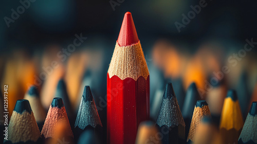 A single red pencil among numerous gray and black pencils isolated on a black background symbolizing individuality creativity leadership and standing out with space for text in a minimalistic design

 photo