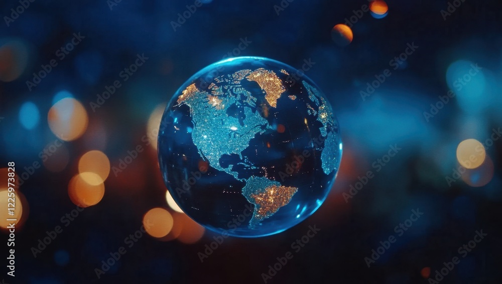 A glass globe with the world inside, glowing against a dark blue background with blurred lights Generative AI A glass globe with the world inside, glowing against a dark blue background with blurred lights Generative AI