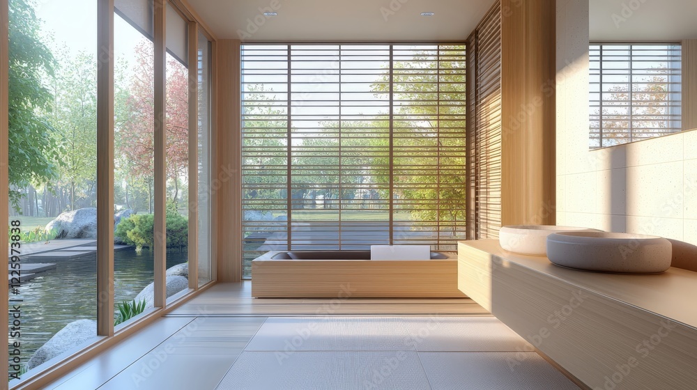 Fototapeta premium Serene Modern Bathroom with Japanese Garden View