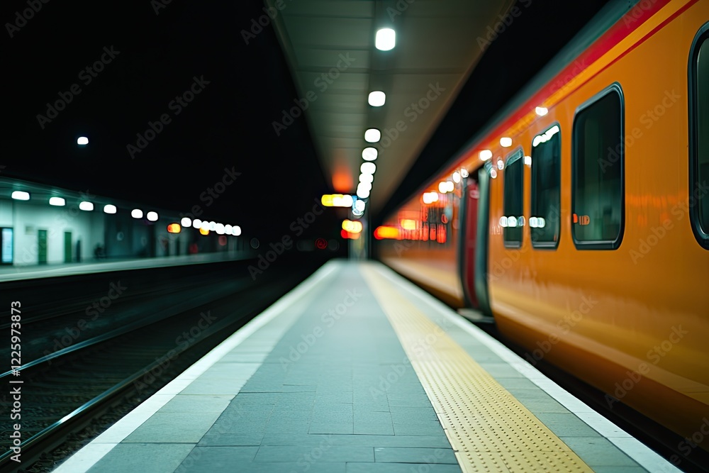 Fototapeta premium quiet railway station at night with glowing lamps illuminating platform and train waiting