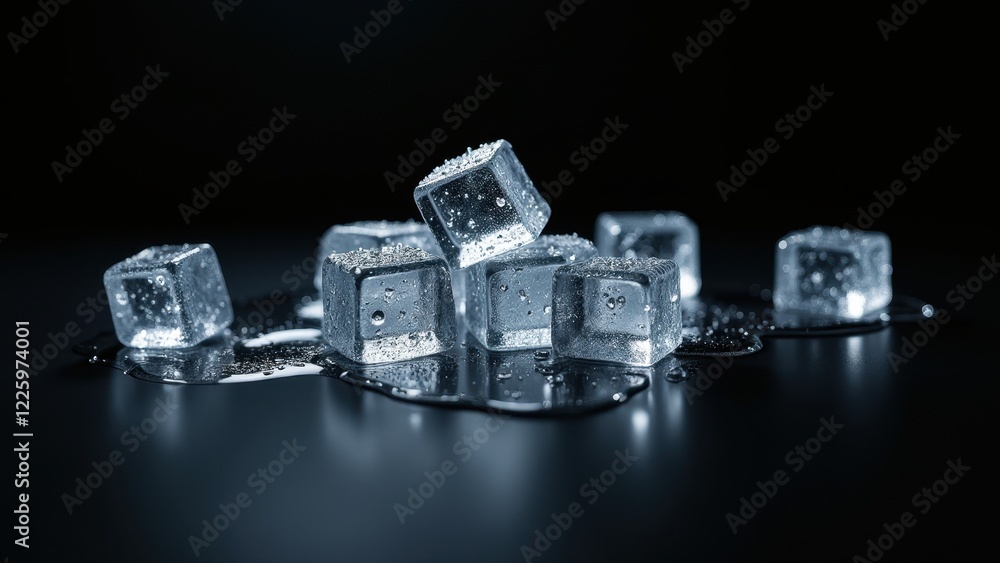 Fresh ice cubes melting on a dark reflective surface with water puddles Fresh ice cubes melting on a dark reflective surface with water puddles