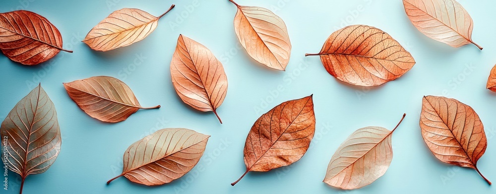 Autumnal Leaves Flat Lay Elegant Peach and Copper Tones on Pale Blue Background Autumnal Leaves Flat Lay Elegant Peach and Copper Tones on Pale Blue Background