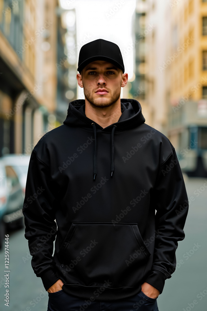 A man in a black hoodie standing on a city street A man in a black hoodie standing on a city street