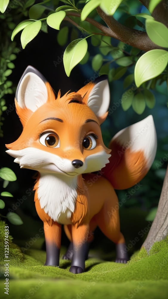 Fototapeta premium A cartoon fox is standing in a forest with green leaves. The fox is smiling and looking at the camera
