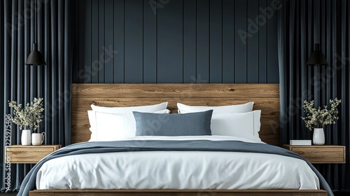 Wallpaper Mural Serene Modern Bedroom Interior Design: Deep Blue Walls, Wooden Bed, and Elegant Decor Torontodigital.ca
