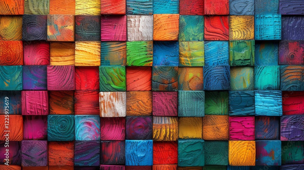 Colorful wooden blocks arranged in a grid pattern. Abstract geometric background with vibrant painted wood texture. Design for wallpaper, poster, banner, print. Colorful wooden blocks arranged in a grid pattern. Abstract geometric background with vibrant painted wood texture. Design for wallpaper, poster, banner, print.