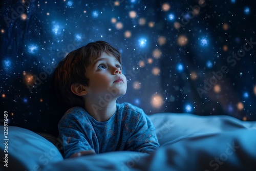 Child gazes at starry night sky while lying in bed, captivated by the wonders of the universe photo