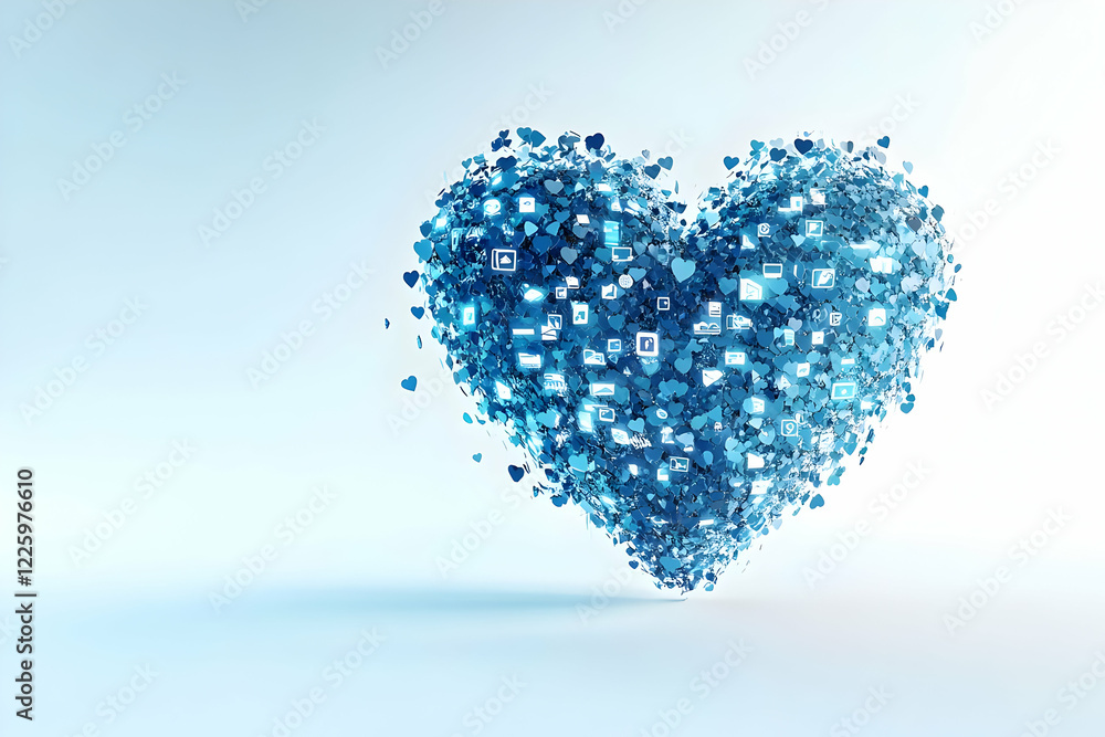 Fototapeta premium A 3D conceptual design of a blue heart, representing the digital age and social media platforms, isolated on a clean background.