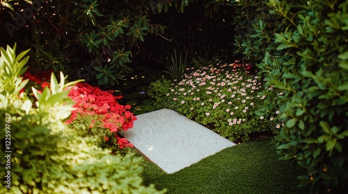 drone shot capturing small stone pathway winding through garden of colorful daisies and lush greenery photo