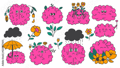 Cartoon happy and sad brains set. Symptoms of depression, Alzheimer's, mental disorders. Mental health vector concept illustrations.