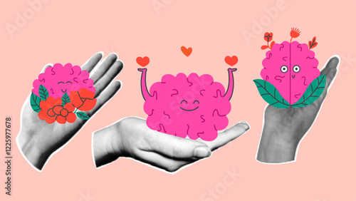 Halftone collage with funny cartoon brain. Conceptual mental health vector illustration.