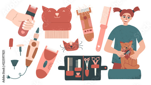 Pet grooming set. Nail clipping, brush, hair cutting. Cat grooming vector hand drawn illustration.