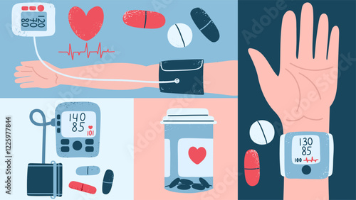 Blood pressure measurement illustrations. Automatic tonometer set. Vector hand draw medical elements.