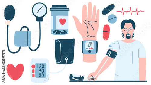 Young man measuring blood pressure. Set of blood pressure meters. Prevention of hypertension. Medical set. Vector illustration.