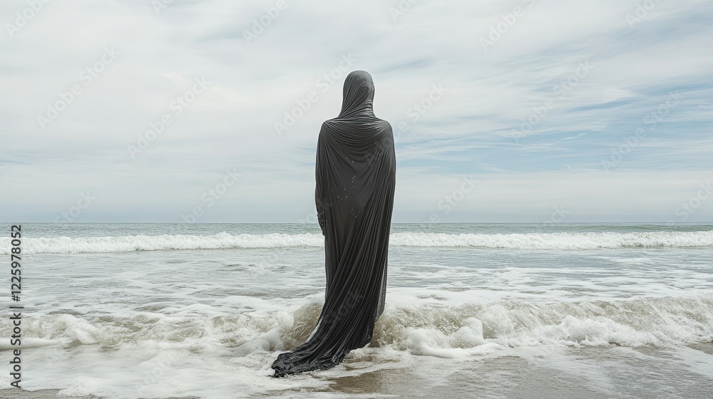 A statue of a woman is standing in the ocean. The statue is covered in a black cloth. The ocean is calm and the sky is cloudy. Muslim woman in hijab. Mannequin in dress and hijab. Modesty. Religion Is A statue of a woman is standing in the ocean. The statue is covered in a black cloth. The ocean is calm and the sky is cloudy. Muslim woman in hijab. Mannequin in dress and hijab. Modesty. Religion Is