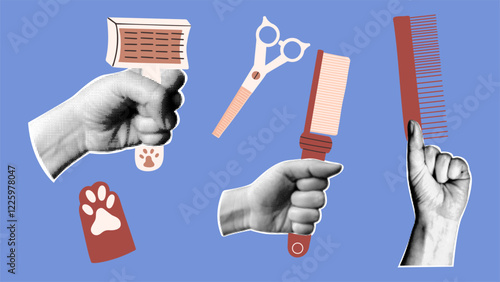 Pet grooming halftone collage. Scissors for haircuts dogs and cats, combs. Vector illustration